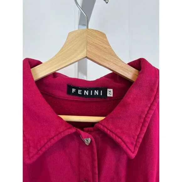 FENINI Two Piece Outfit Button Front Top Midi Skirt Cotton Red Pink Size 2X Plus