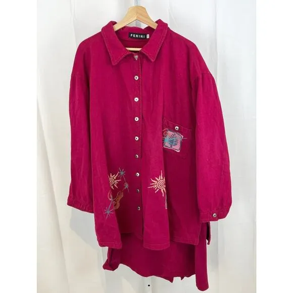 FENINI Two Piece Outfit Button Front Top Midi Skirt Cotton Red Pink Size 2X Plus