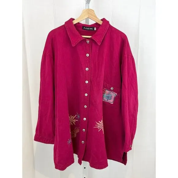 FENINI Two Piece Outfit Button Front Top Midi Skirt Cotton Red Pink Size 2X Plus