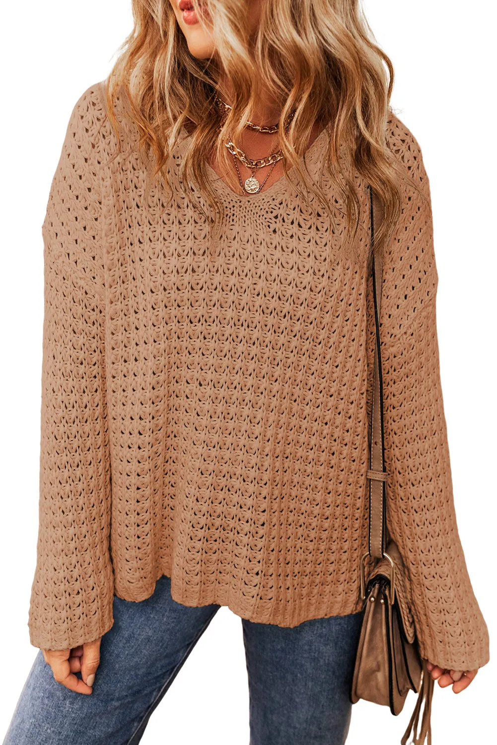 Flaxen Open Knit V Neck Sweater