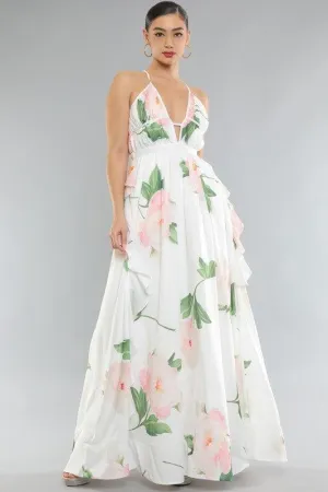 FLORAL PRINT SLEEVELESS DEEP V NECK RUFFLE MAXI DRESS