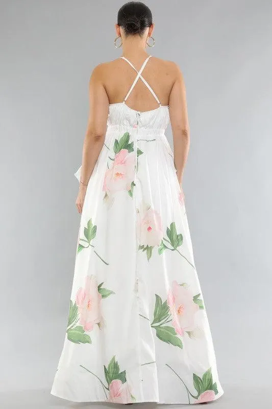 FLORAL PRINT SLEEVELESS DEEP V NECK RUFFLE MAXI DRESS