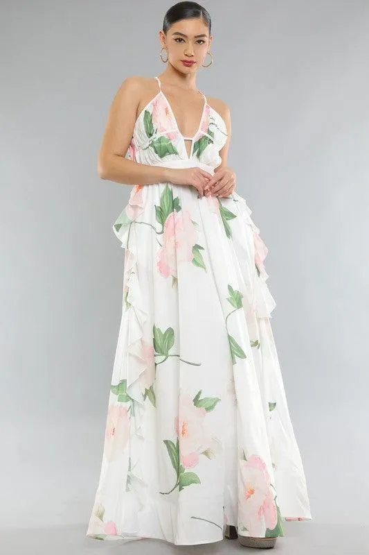 FLORAL PRINT SLEEVELESS DEEP V NECK RUFFLE MAXI DRESS