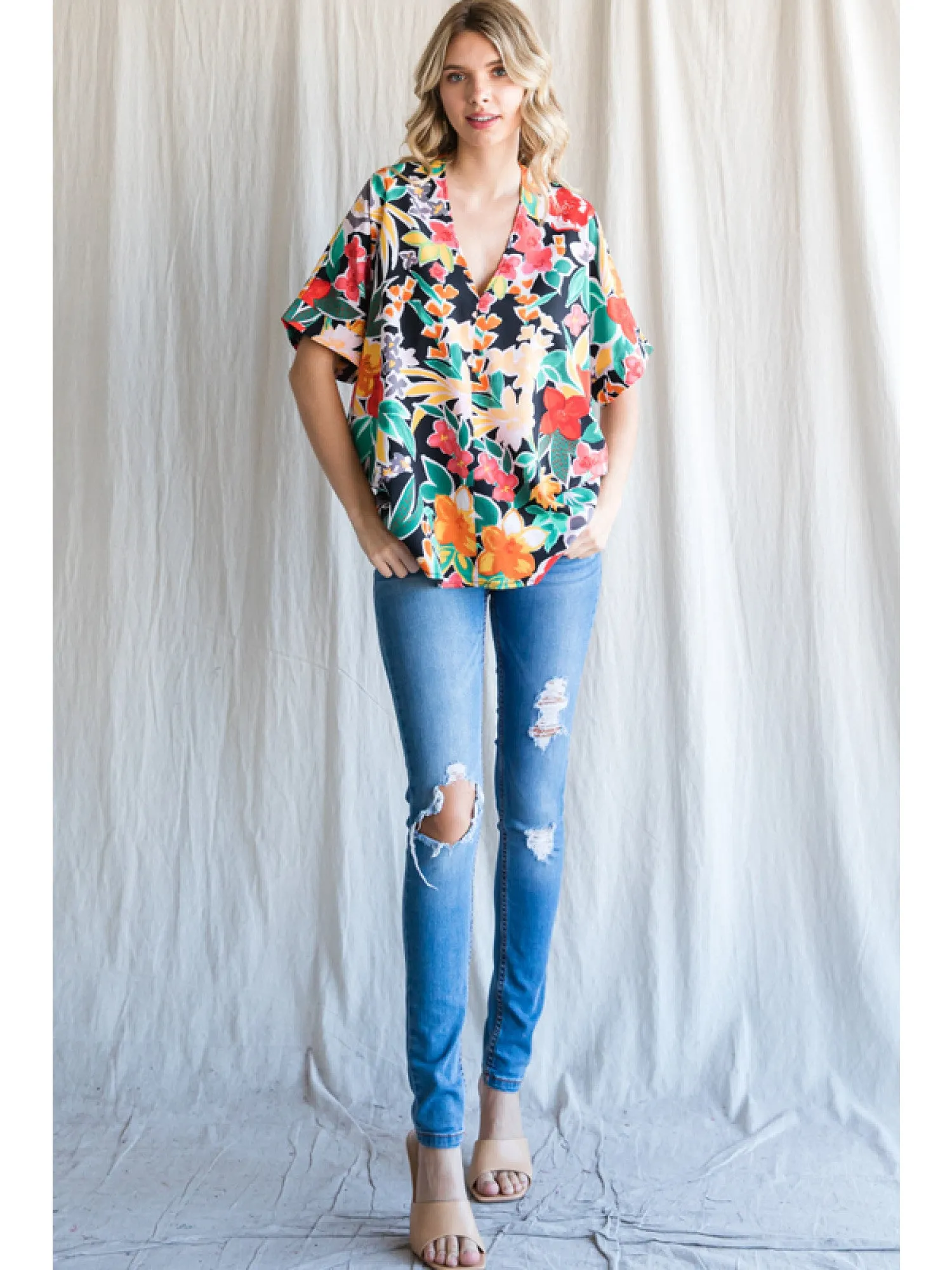 Floral V-Neck Short Sleeve Blouse