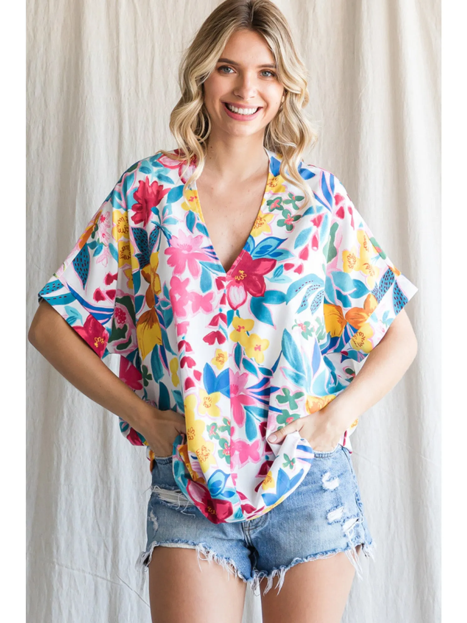 Floral V-Neck Short Sleeve Blouse