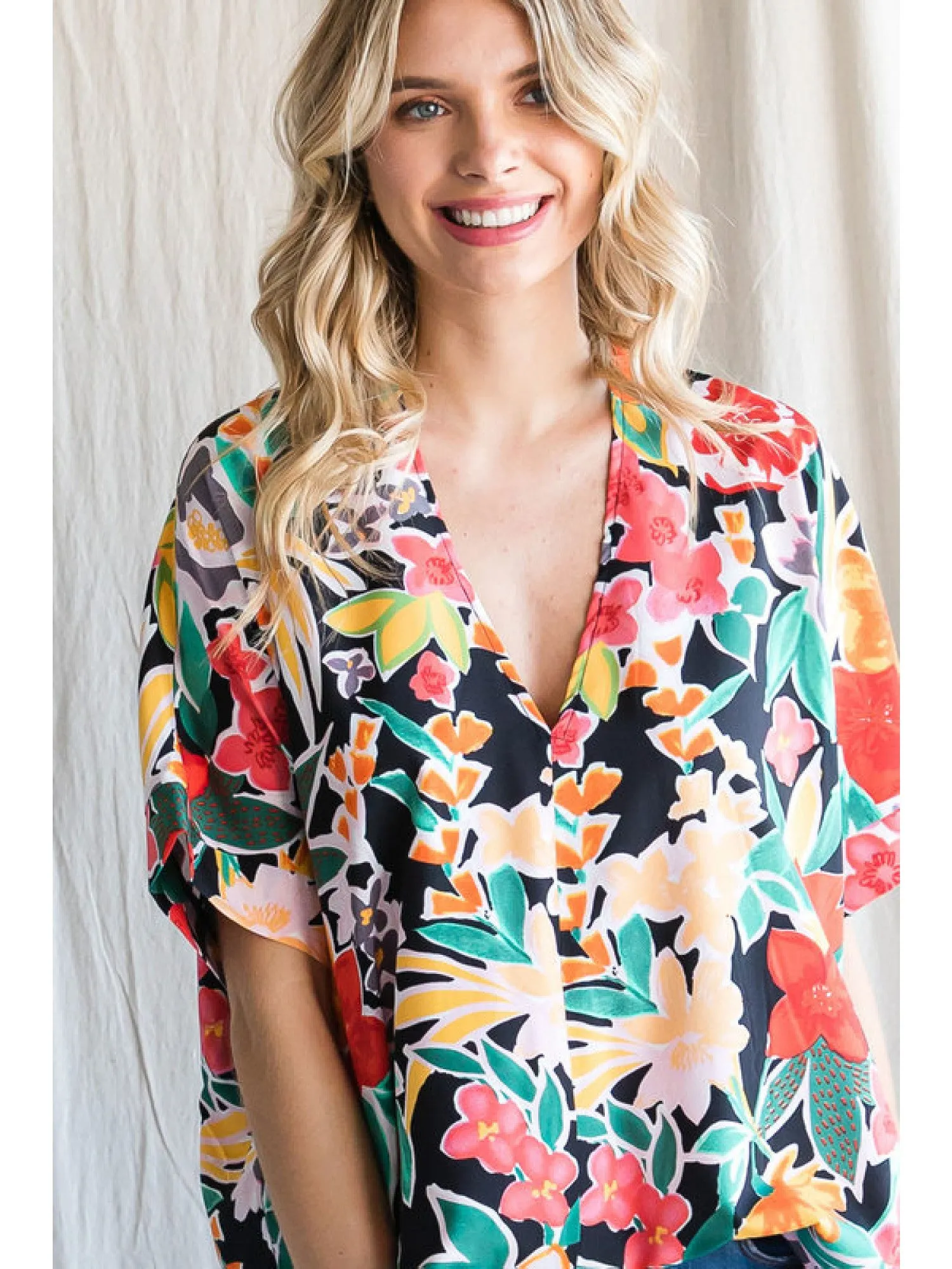 Floral V-Neck Short Sleeve Blouse