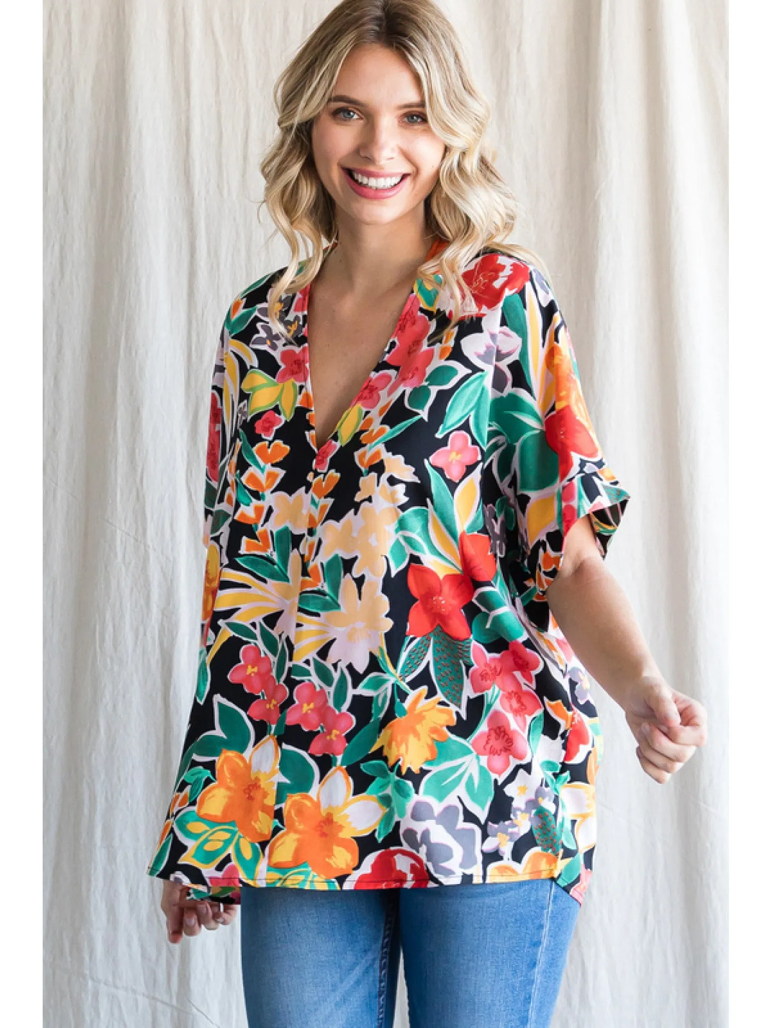 Floral V-Neck Short Sleeve Blouse