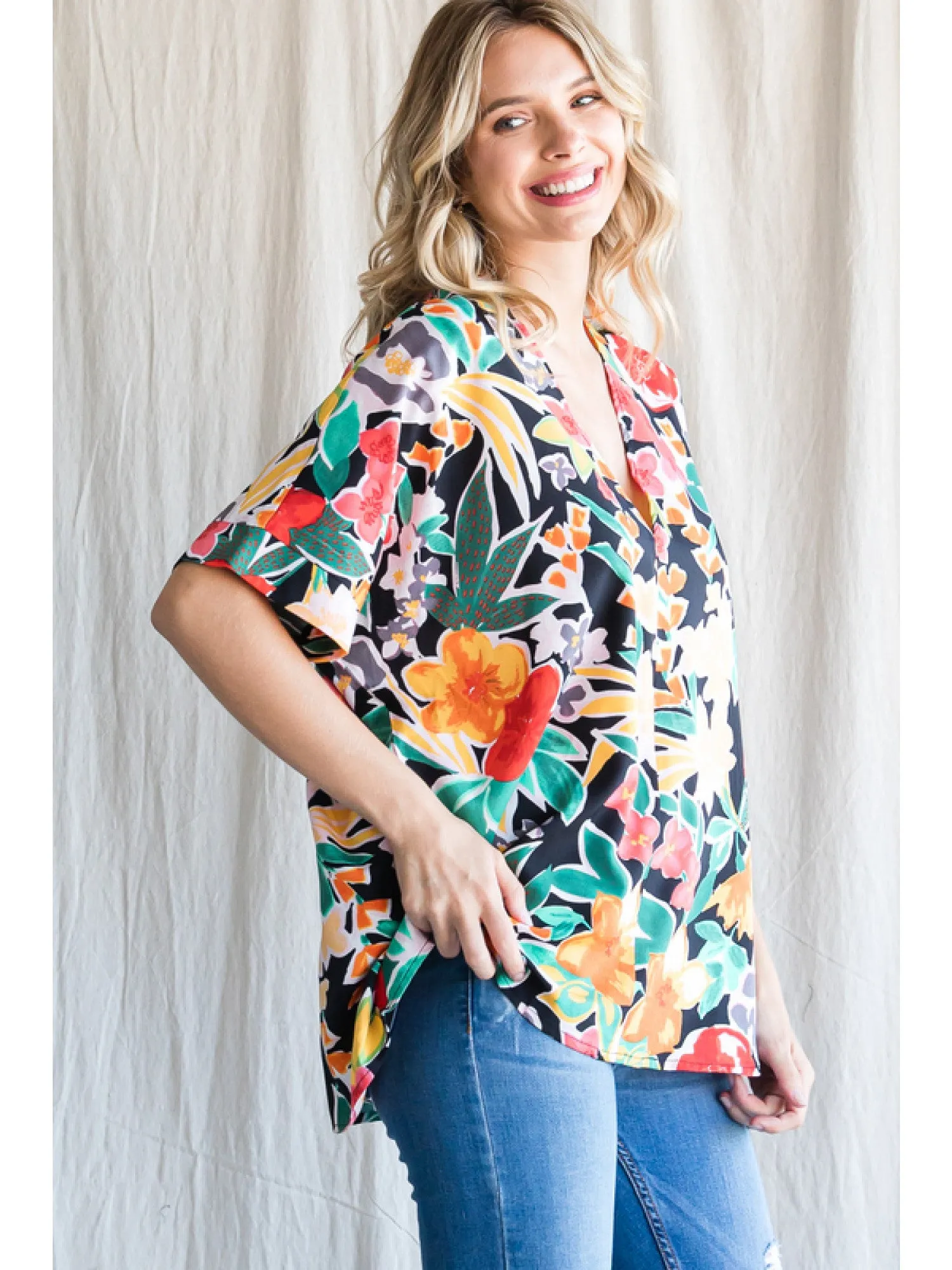Floral V-Neck Short Sleeve Blouse