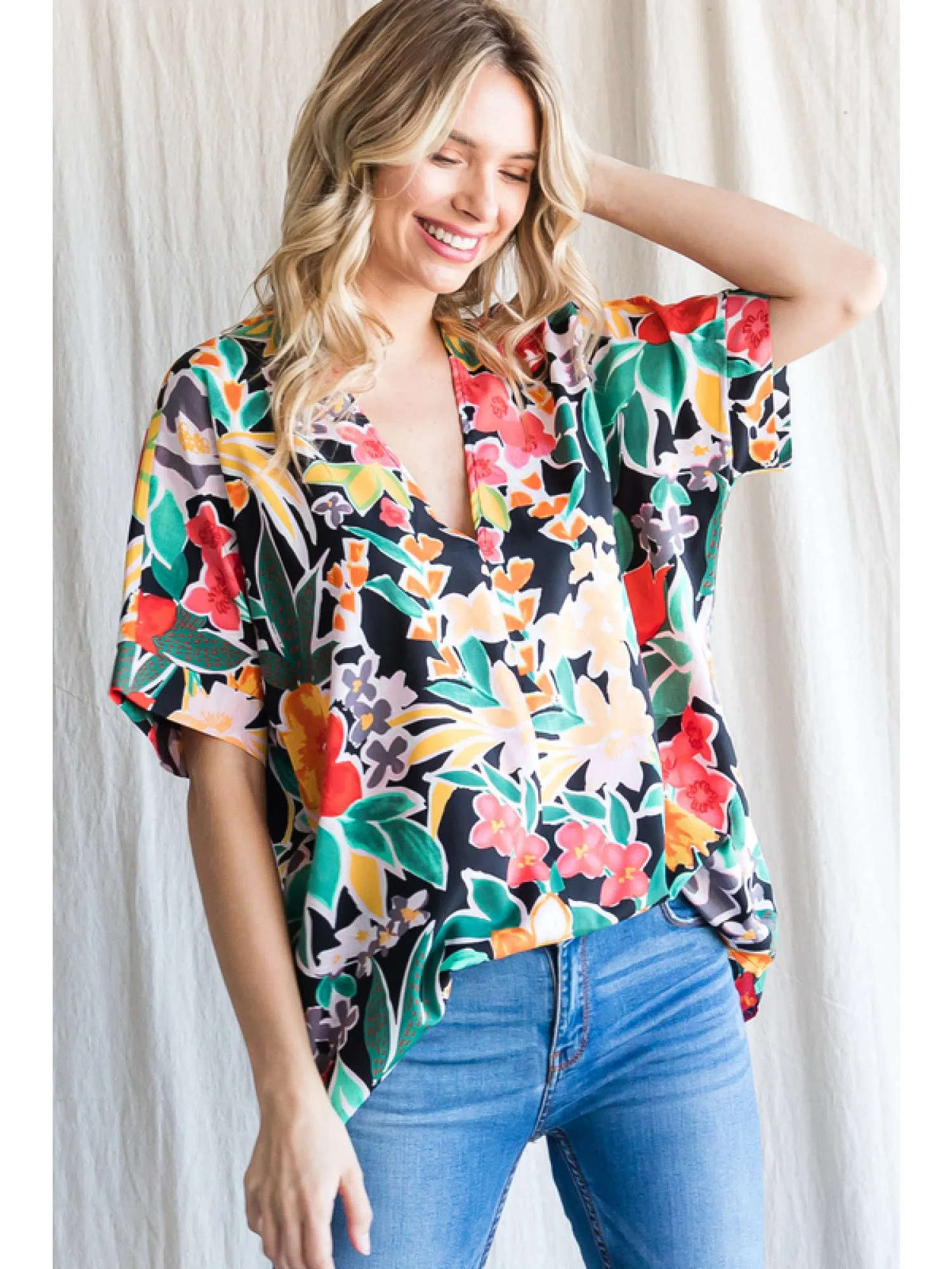Floral V-Neck Short Sleeve Blouse