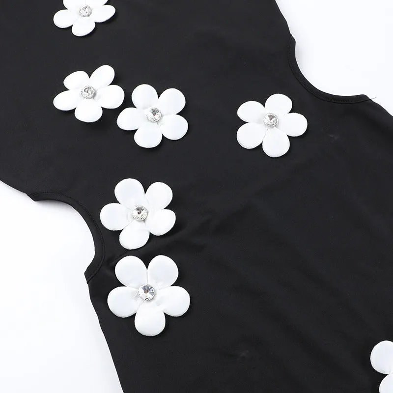 Flower Accent Mock Neck Cut Out Back Maxi Dress