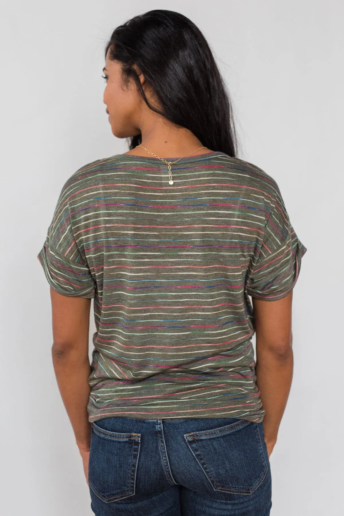 Get The Party Started Striped Pocket Tee - Dark Olive