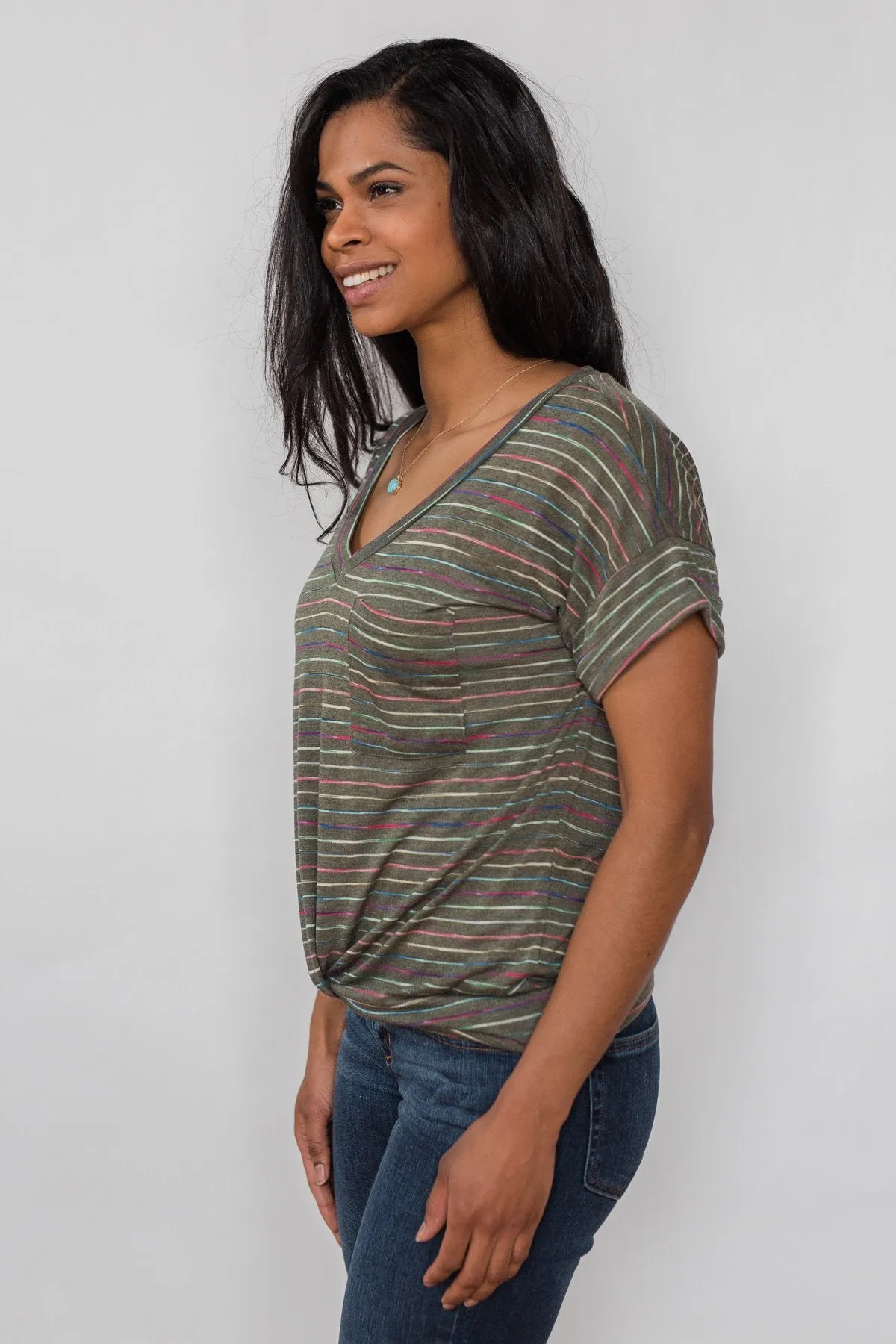 Get The Party Started Striped Pocket Tee - Dark Olive