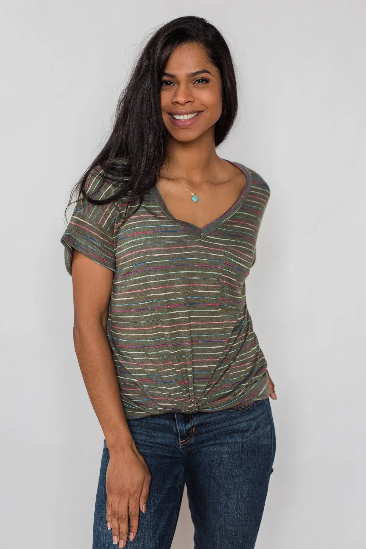 Get The Party Started Striped Pocket Tee - Dark Olive