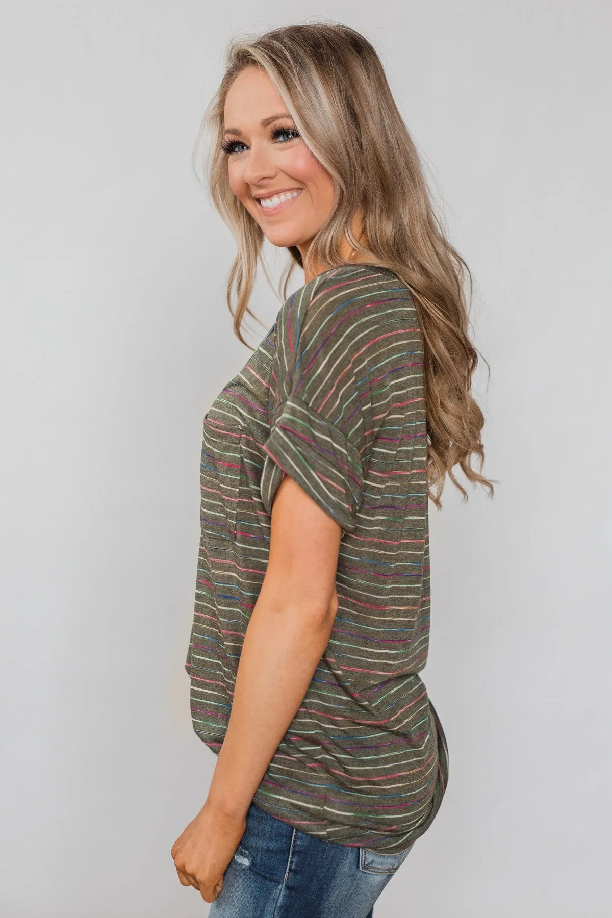 Get The Party Started Striped Pocket Tee - Dark Olive