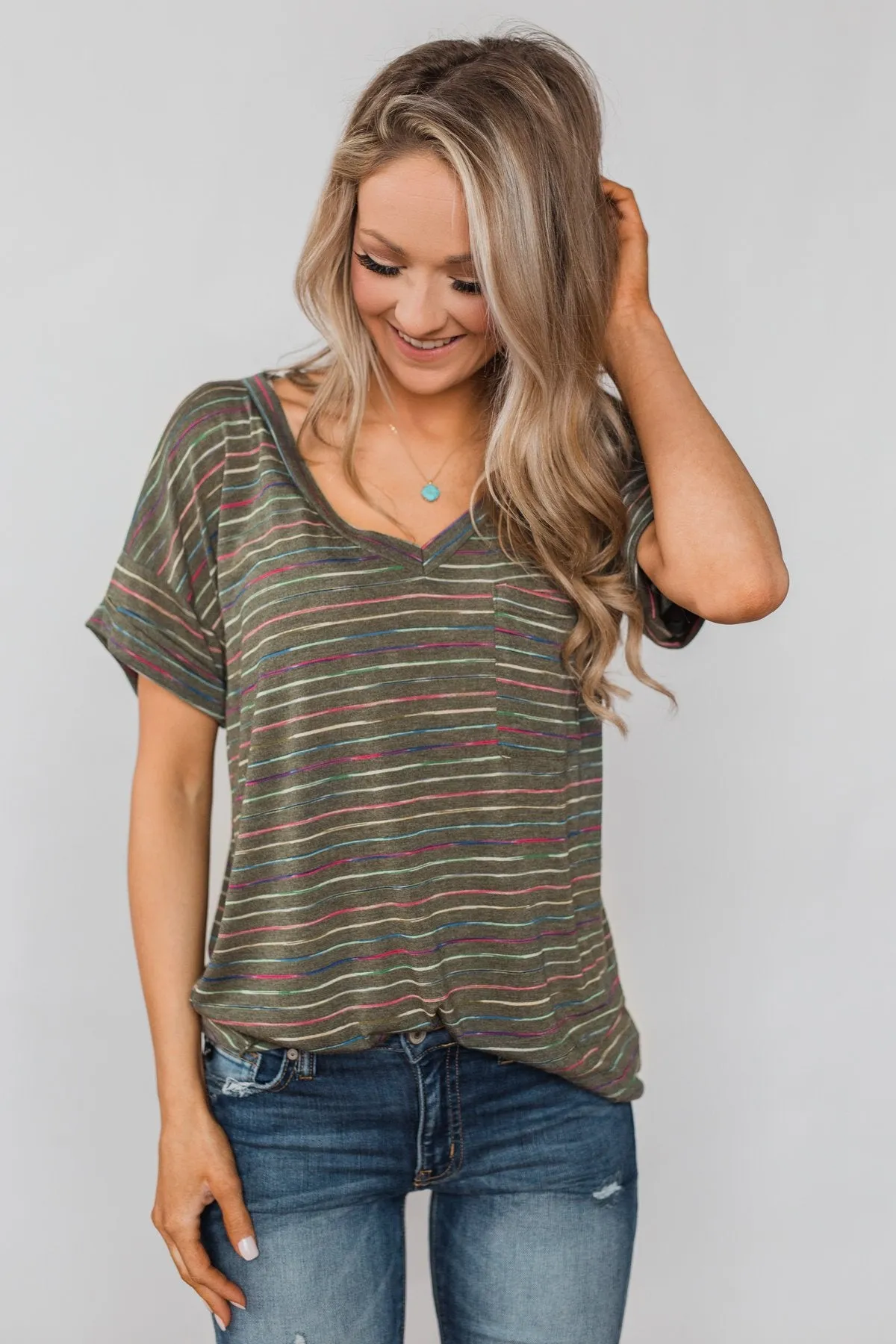 Get The Party Started Striped Pocket Tee - Dark Olive