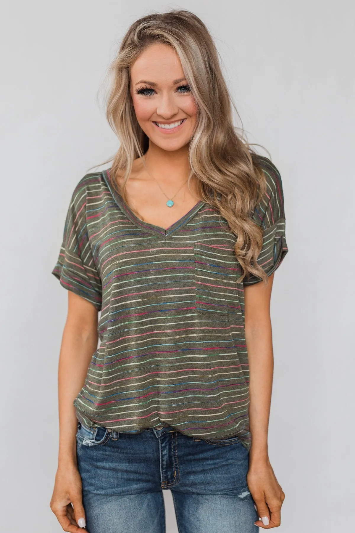 Get The Party Started Striped Pocket Tee - Dark Olive