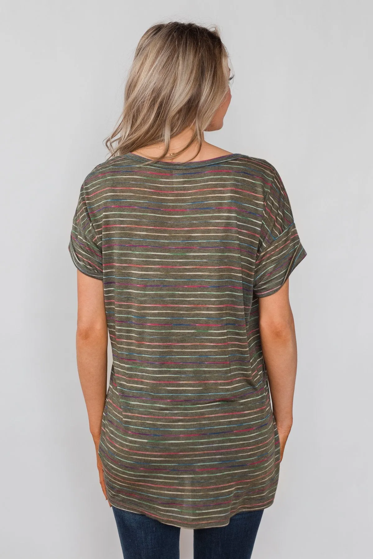 Get The Party Started Striped Pocket Tee - Dark Olive