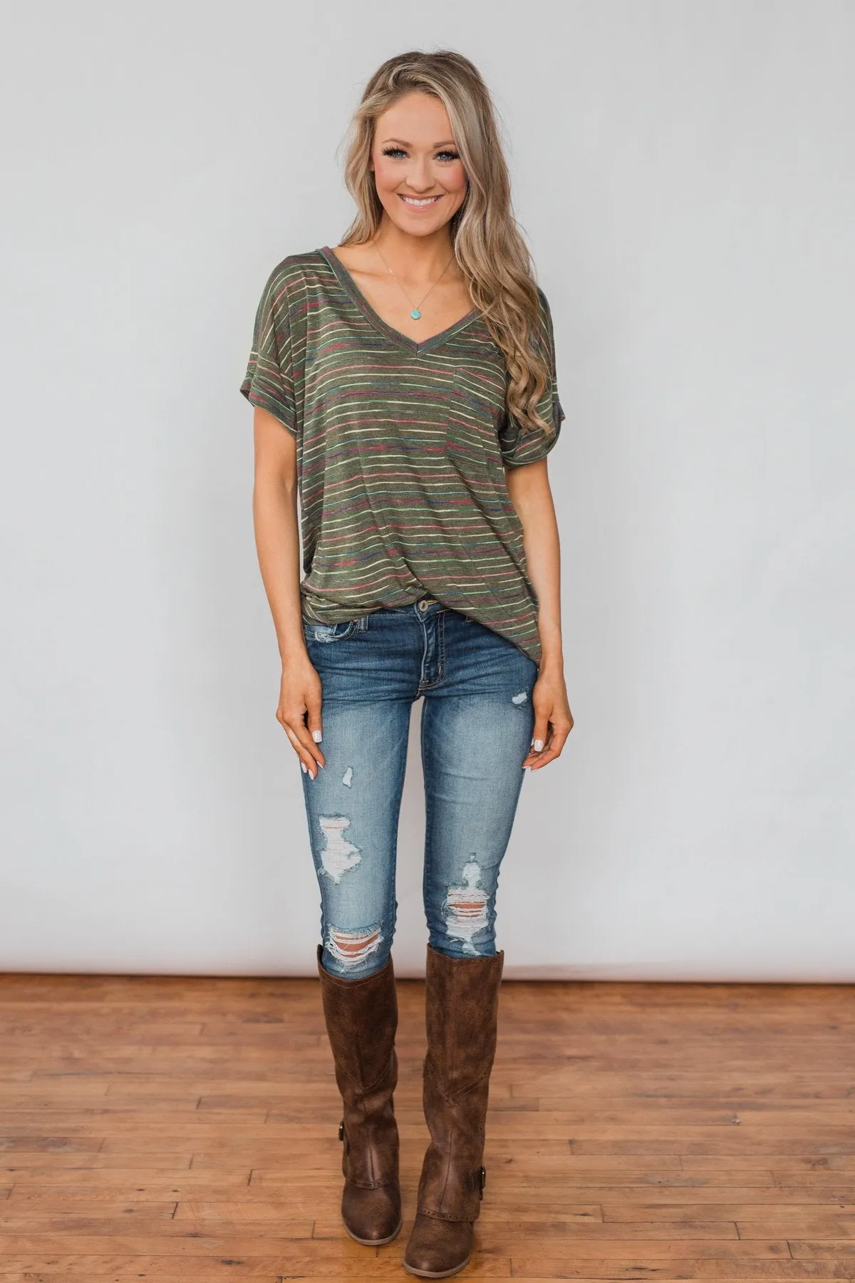 Get The Party Started Striped Pocket Tee - Dark Olive