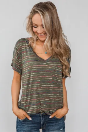 Get The Party Started Striped Pocket Tee - Dark Olive