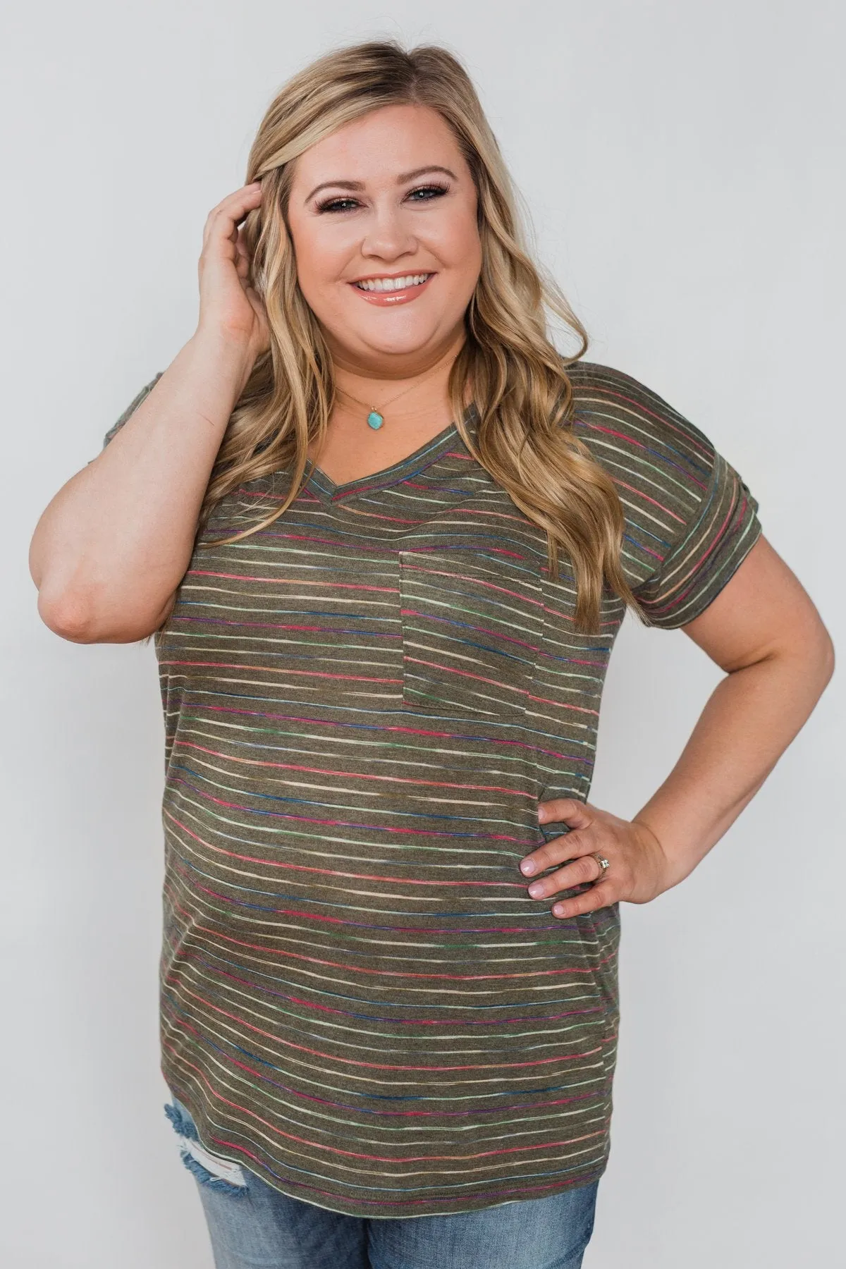 Get The Party Started Striped Pocket Tee - Dark Olive