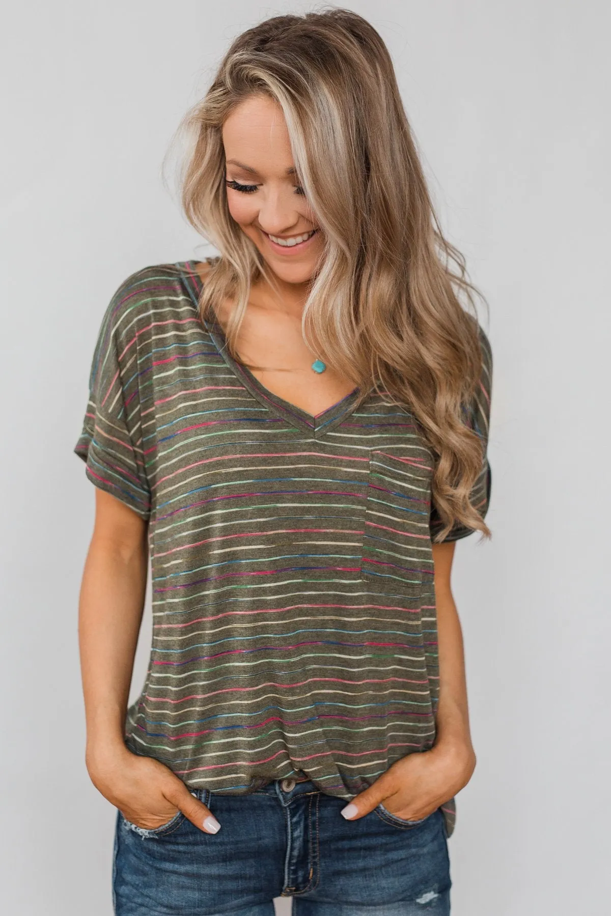 Get The Party Started Striped Pocket Tee - Dark Olive