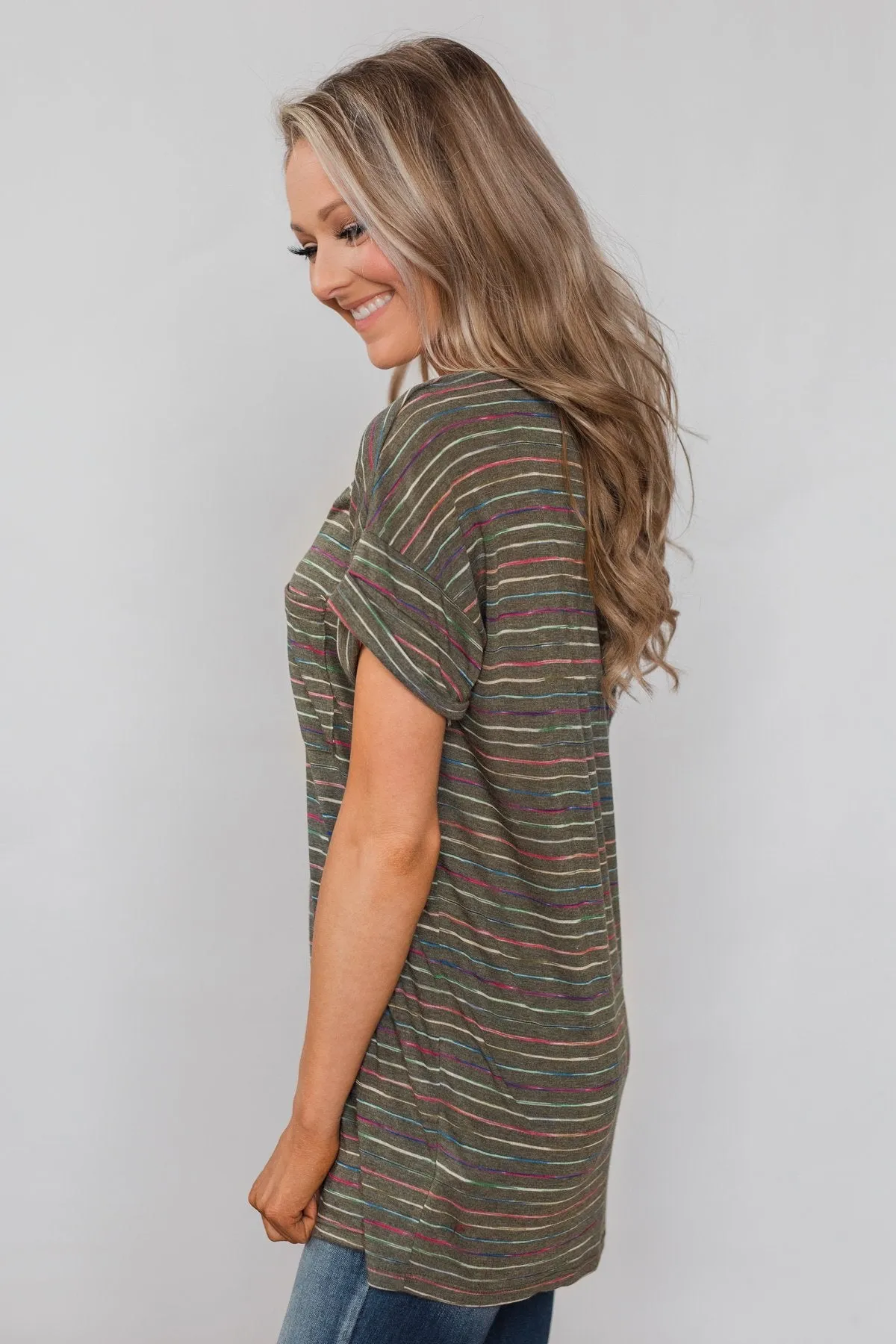 Get The Party Started Striped Pocket Tee - Dark Olive