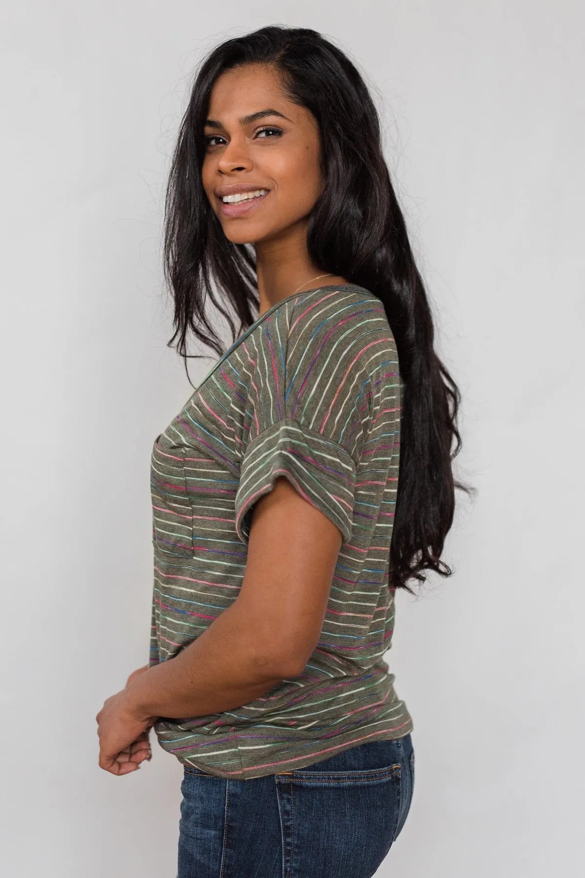 Get The Party Started Striped Pocket Tee - Dark Olive