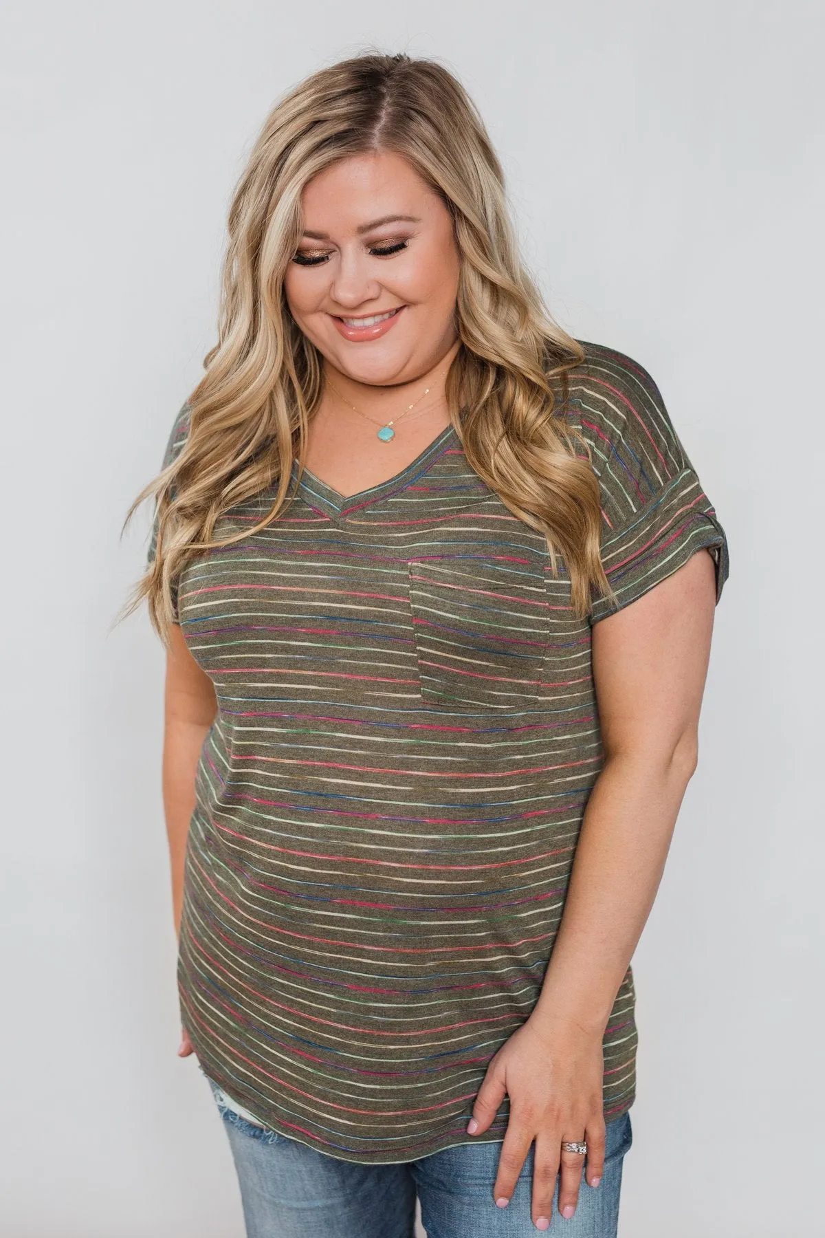 Get The Party Started Striped Pocket Tee - Dark Olive