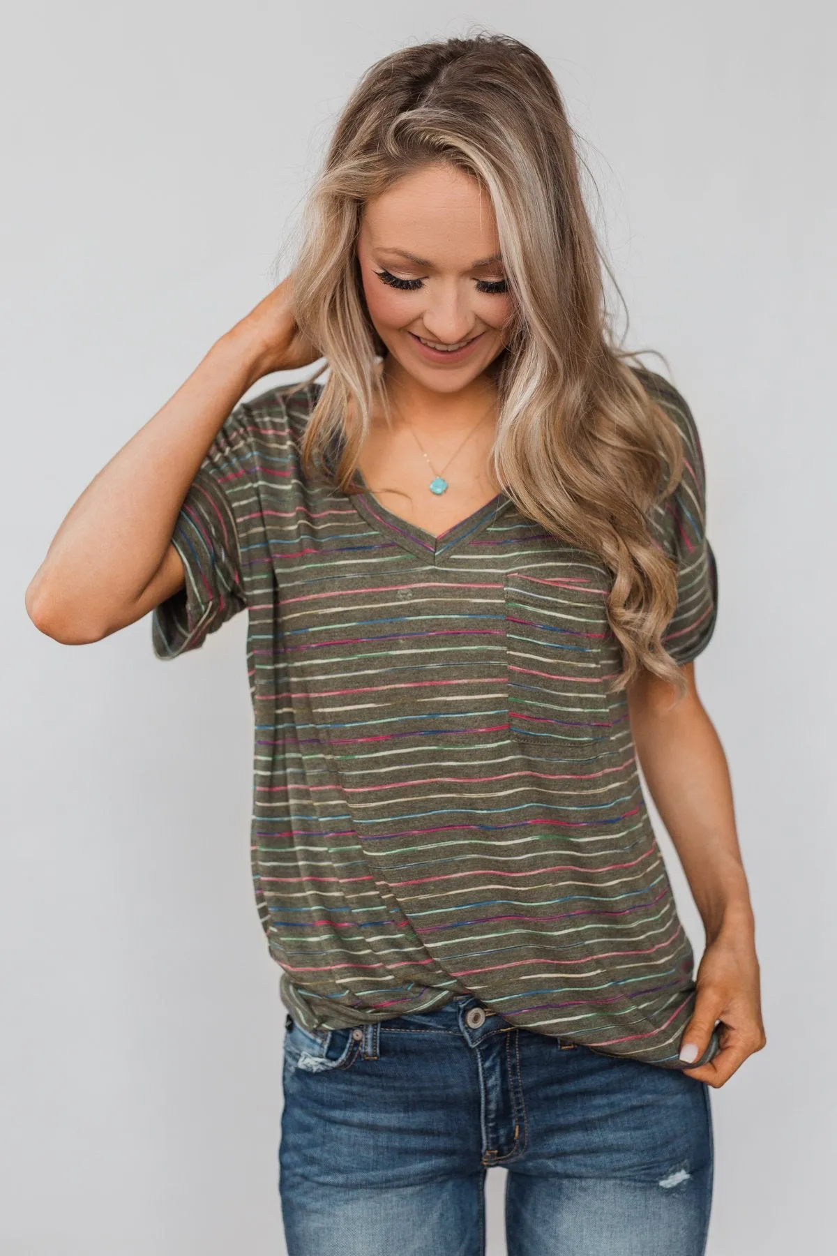 Get The Party Started Striped Pocket Tee - Dark Olive