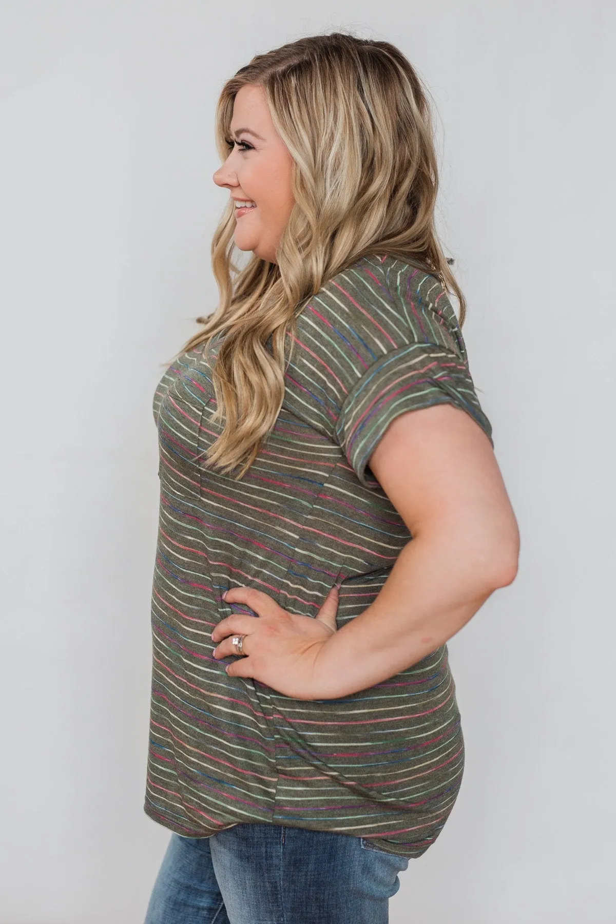 Get The Party Started Striped Pocket Tee - Dark Olive