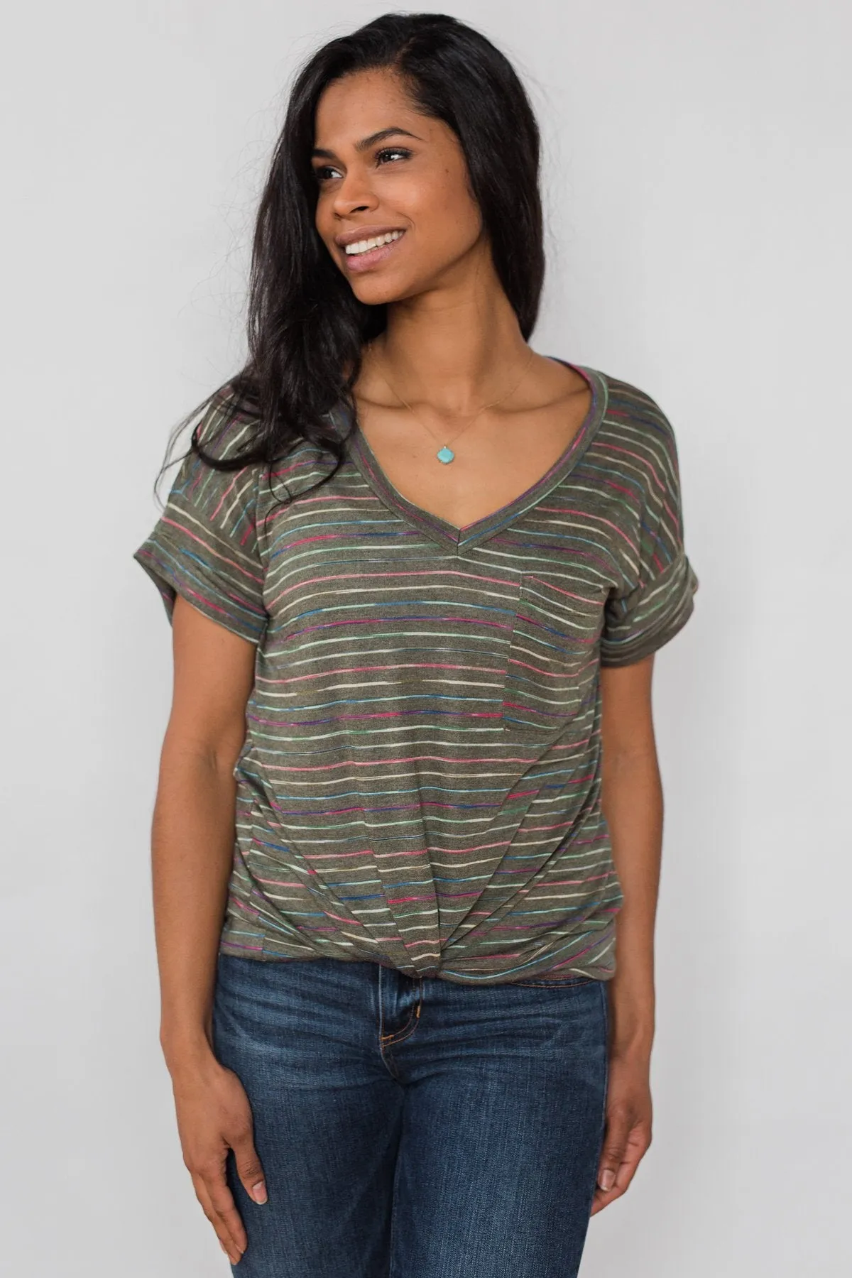 Get The Party Started Striped Pocket Tee - Dark Olive