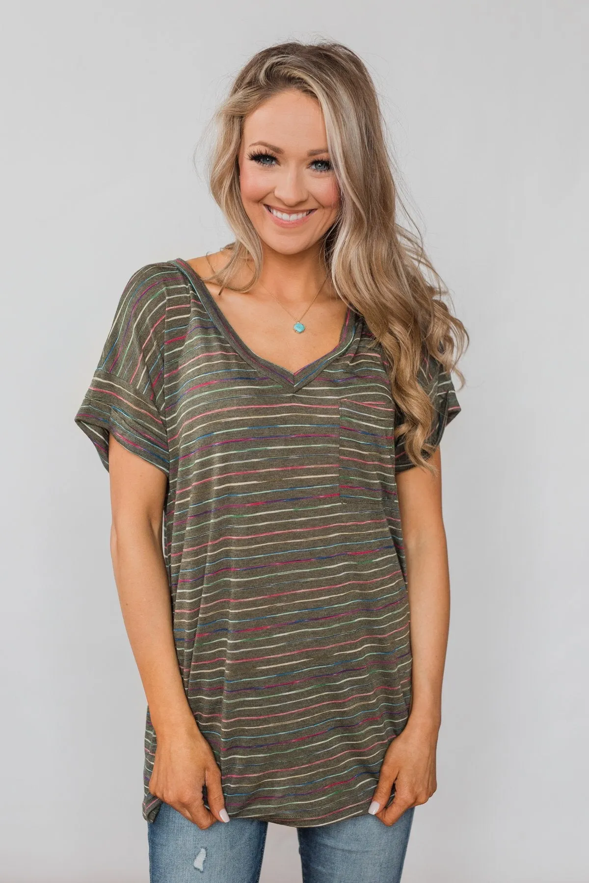 Get The Party Started Striped Pocket Tee - Dark Olive