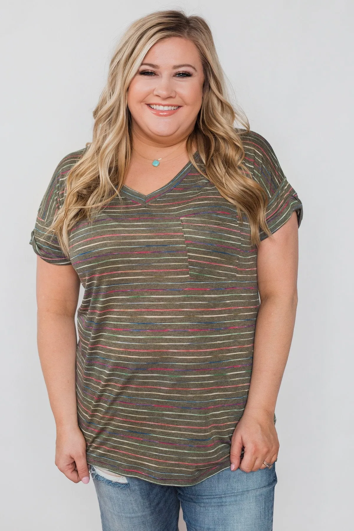 Get The Party Started Striped Pocket Tee - Dark Olive