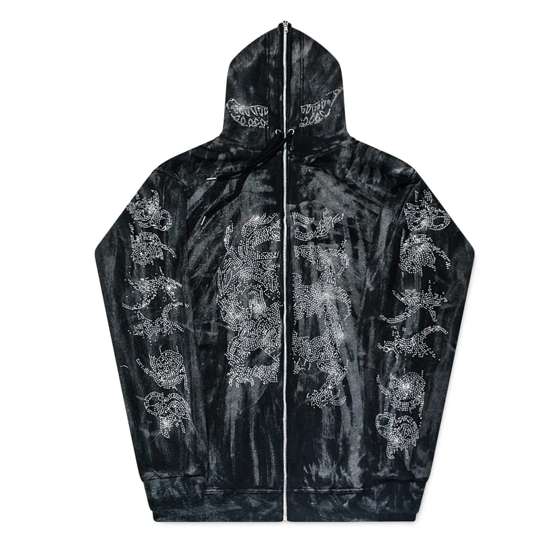 Ghostly Ryujin Full Zip Up Rhinestone Hoodie Acid Wash Ratchet Black