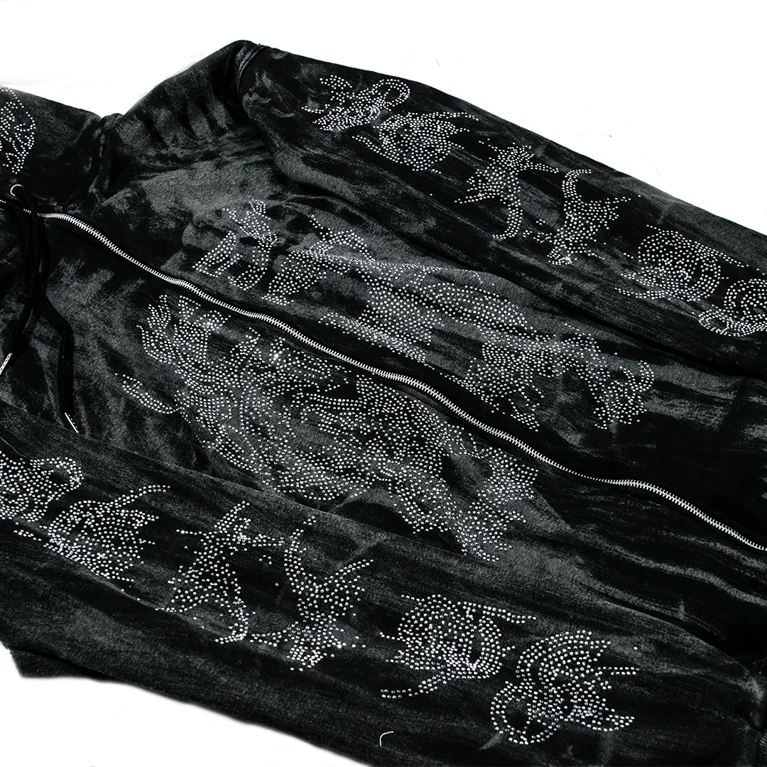 Ghostly Ryujin Full Zip Up Rhinestone Hoodie Acid Wash Ratchet Black
