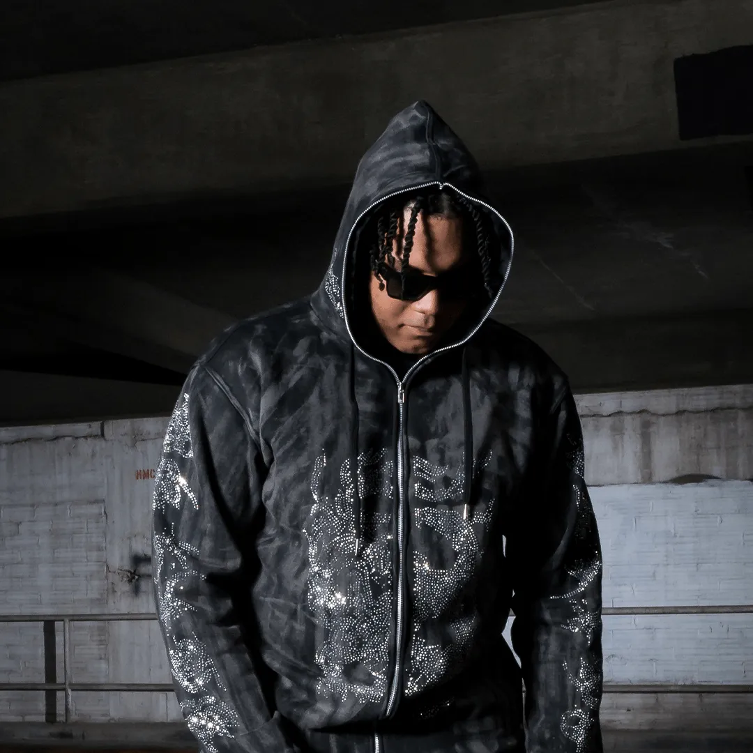 Ghostly Ryujin Full Zip Up Rhinestone Hoodie Acid Wash Ratchet Black