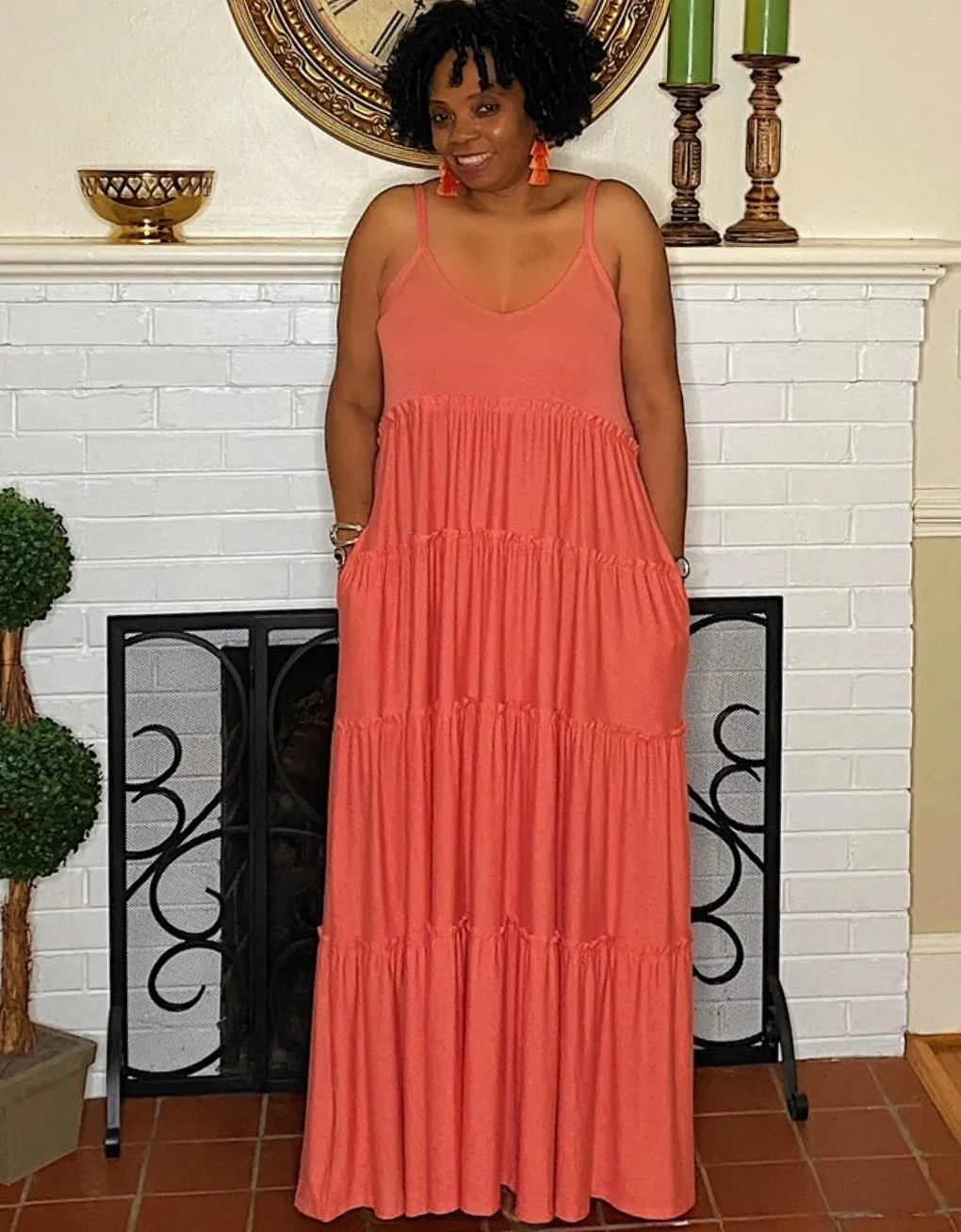 ‘Gianna’ Tiered Maxi Deep Coral Curvy