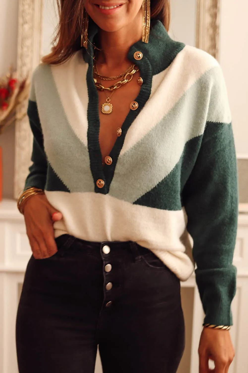 Green Geometric Color Block Knit Button V Neck Sweater
