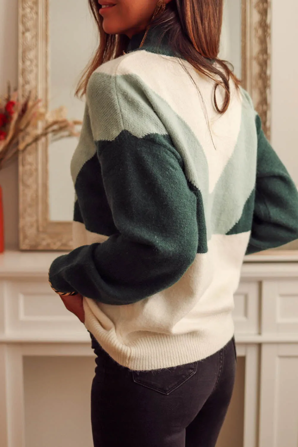 Green Geometric Color Block Knit Button V Neck Sweater