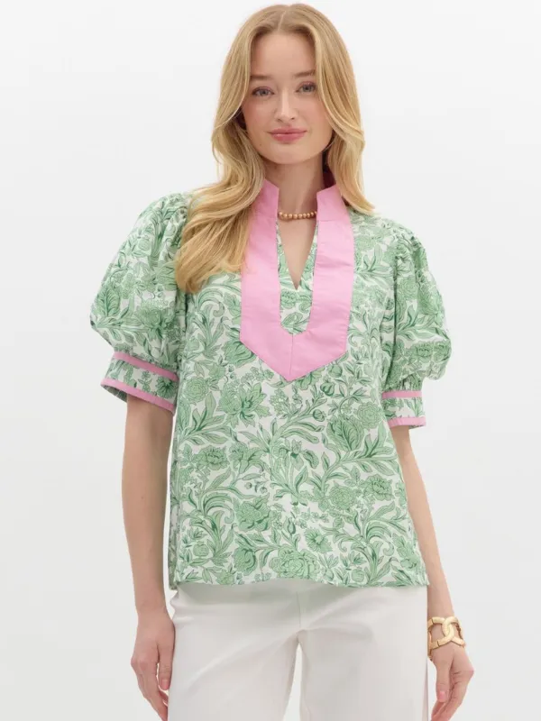 Green   Pink Puff Sleeve Top