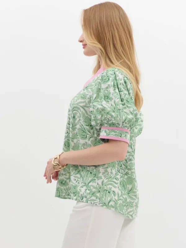 Green   Pink Puff Sleeve Top