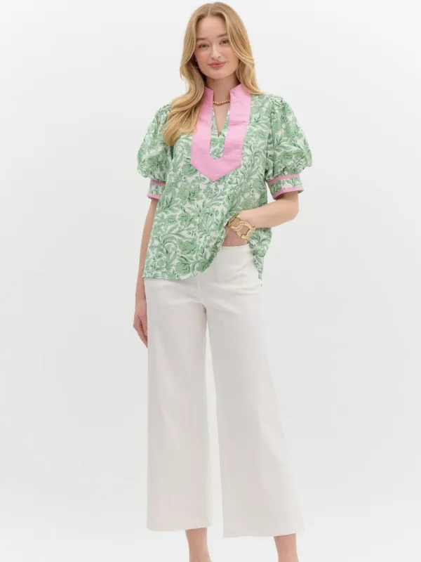 Green   Pink Puff Sleeve Top