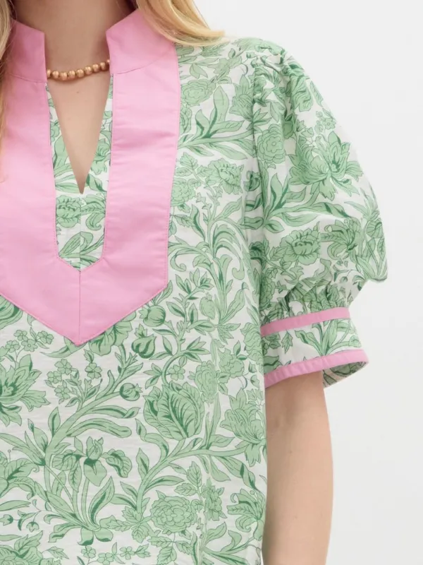 Green   Pink Puff Sleeve Top