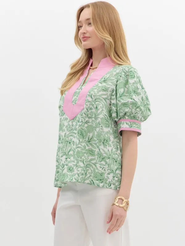 Green   Pink Puff Sleeve Top