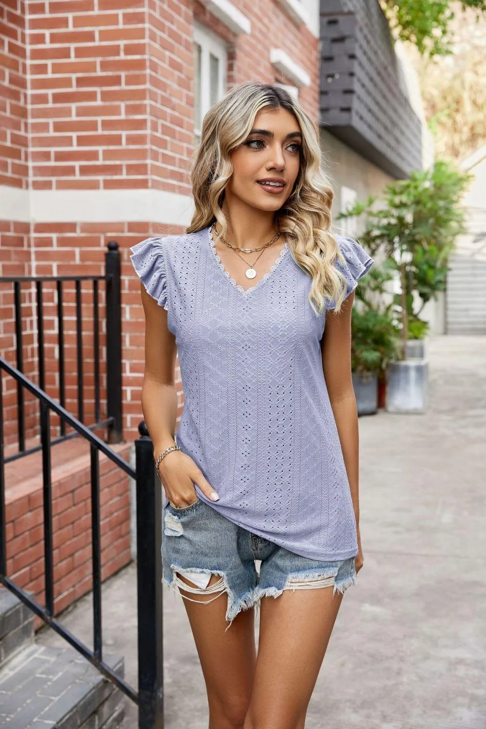 Hazel Blues® |  Eyelet Flutter Sleeve Scalloped V-Neck Top