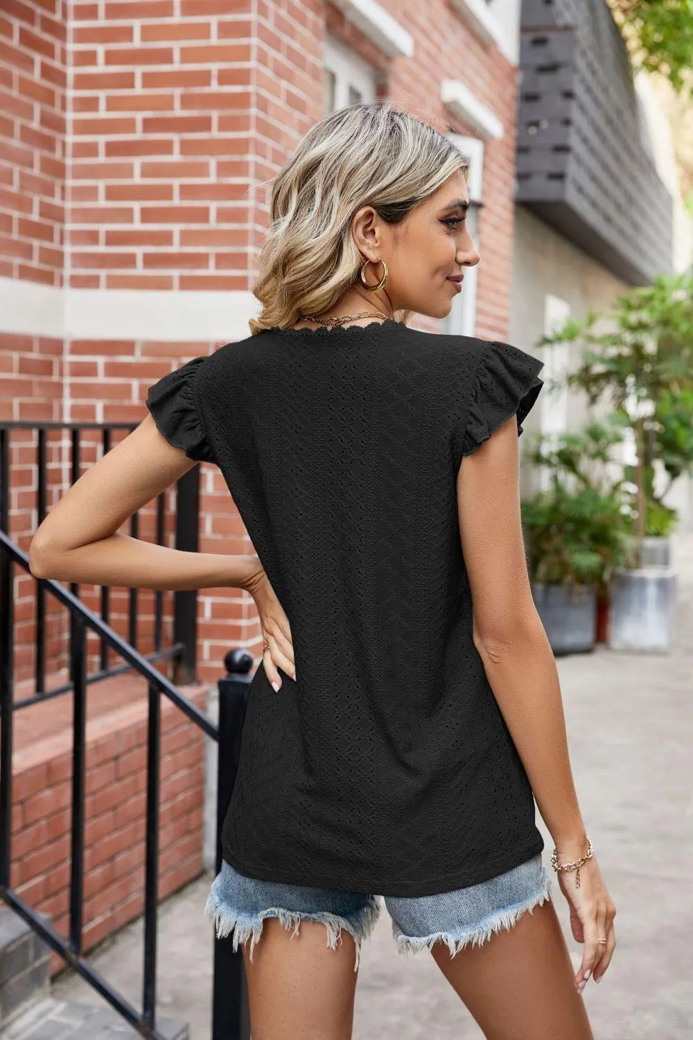 Hazel Blues® |  Eyelet Flutter Sleeve Scalloped V-Neck Top