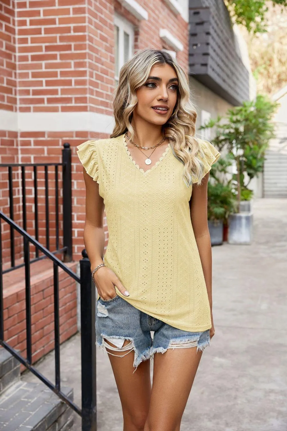 Hazel Blues® |  Eyelet Flutter Sleeve Scalloped V-Neck Top