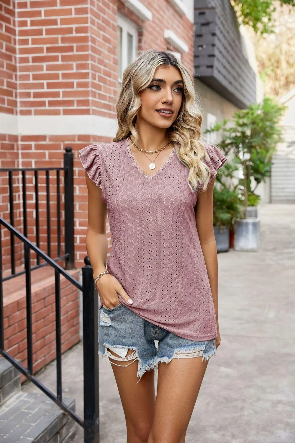 Hazel Blues® |  Eyelet Flutter Sleeve Scalloped V-Neck Top