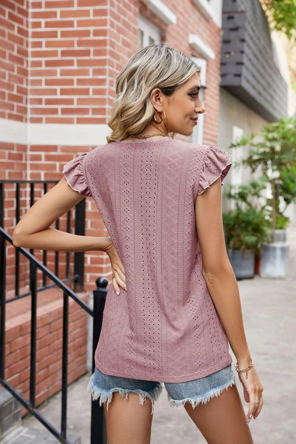Hazel Blues® |  Eyelet Flutter Sleeve Scalloped V-Neck Top