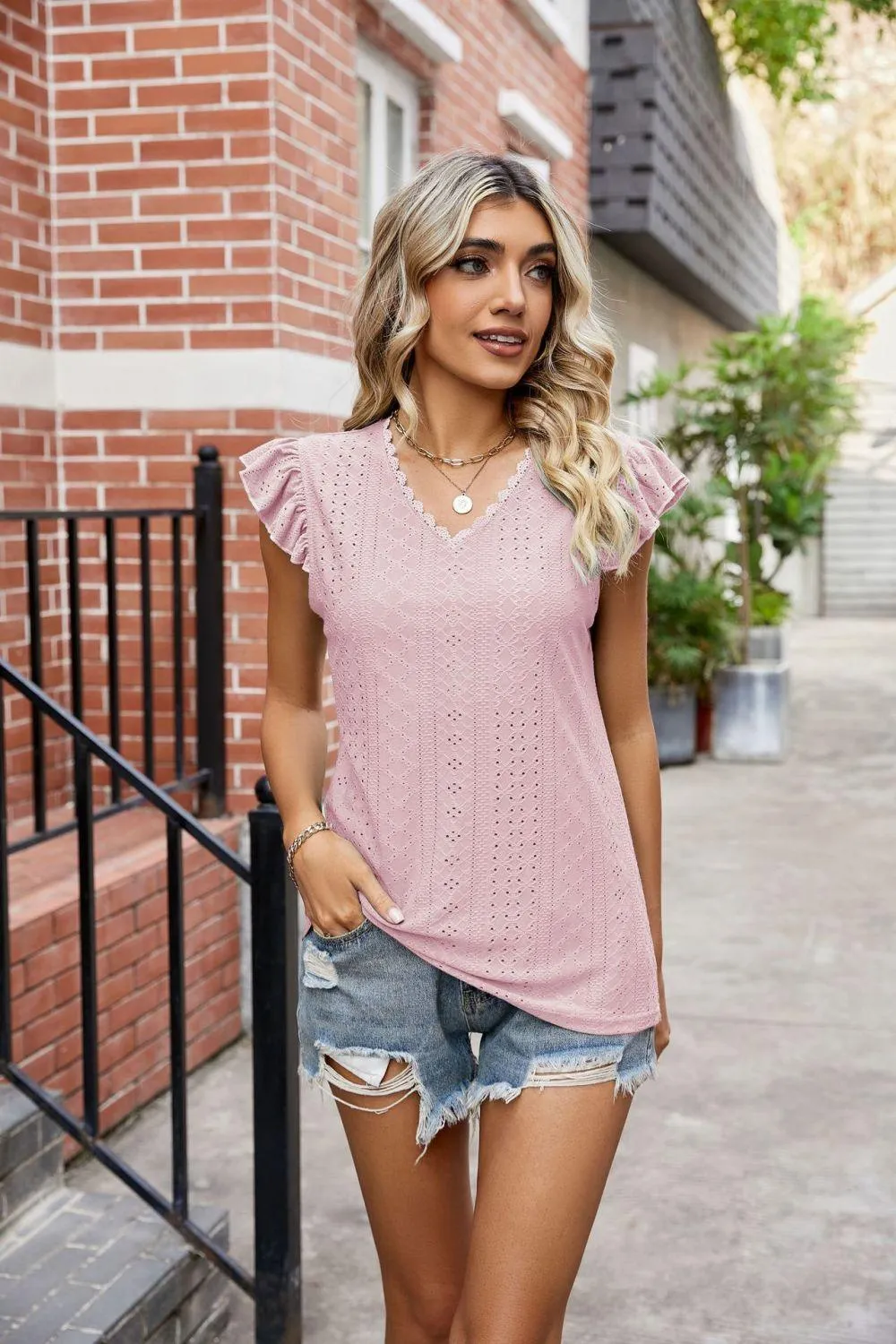 Hazel Blues® |  Eyelet Flutter Sleeve Scalloped V-Neck Top